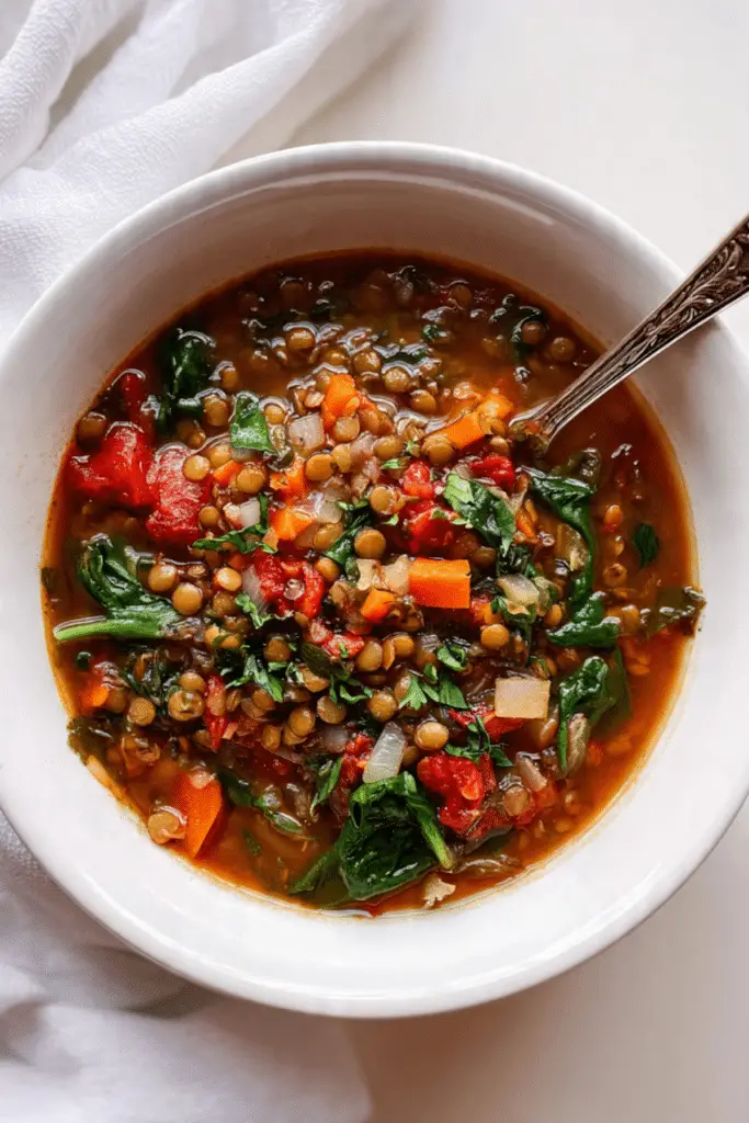 Lentil Vegetable Soup with Tomato & Spinach