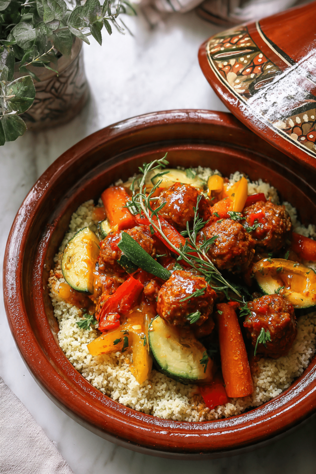 Moroccan Tagine with Rice Vegetables and Meatballs