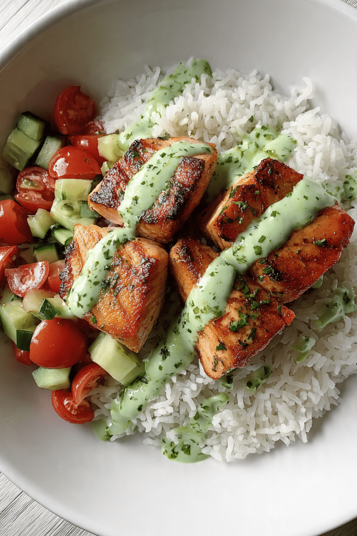 Salmon with Basil Sauce and Tomato Salad