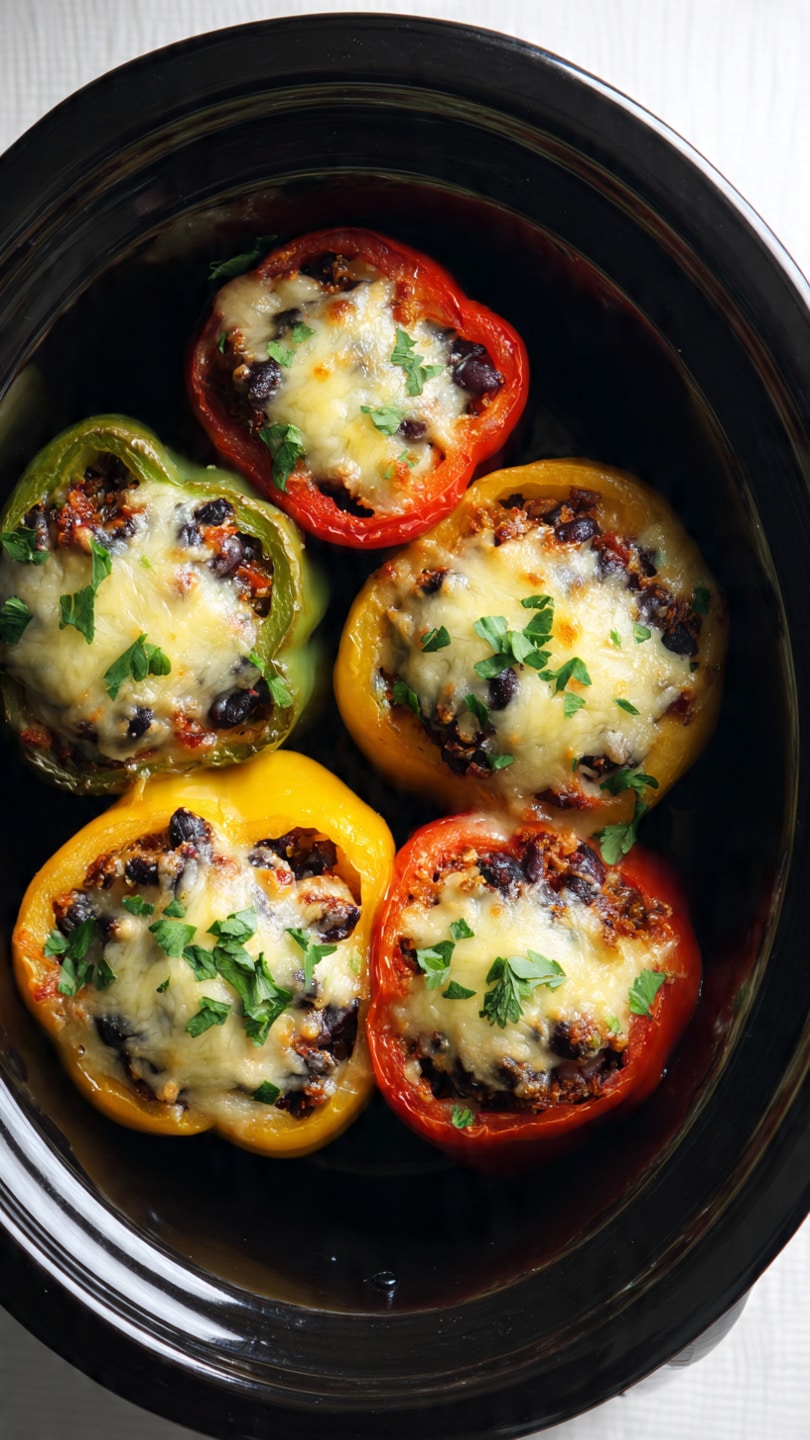 Quinoa Black Bean Crockpot Stuffed Peppers