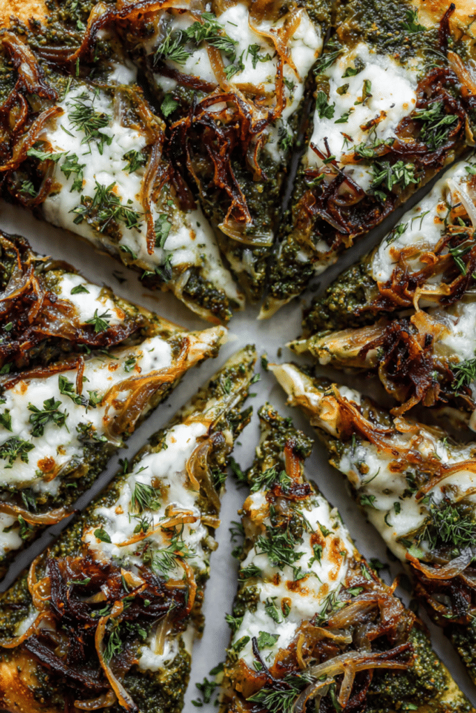 Caramelized Onion Pesto Flatbread Pizza Recipe