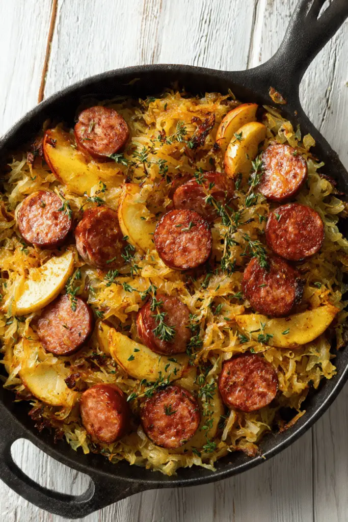 Kielbasa and Sauerkraut Skillet with Apples
