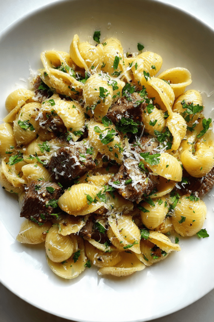 Garlic Butter Steak Bites & Shell Pasta