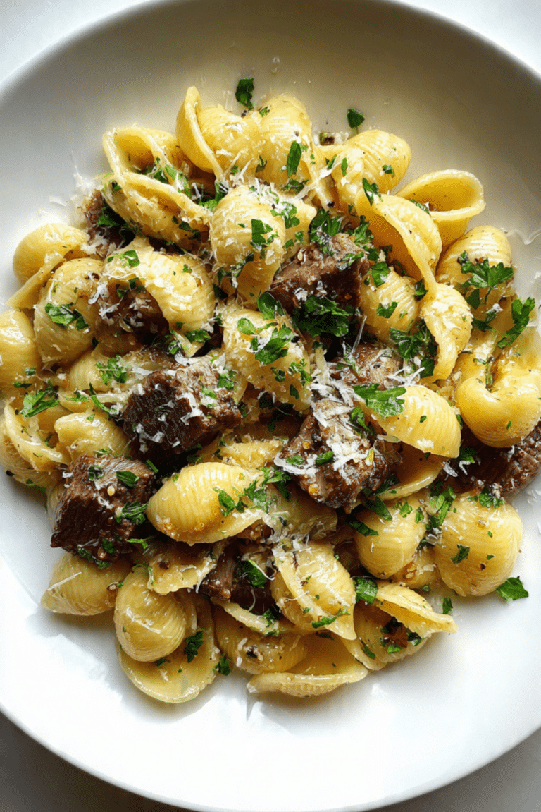 Garlic Butter Steak Bites & Shell Pasta