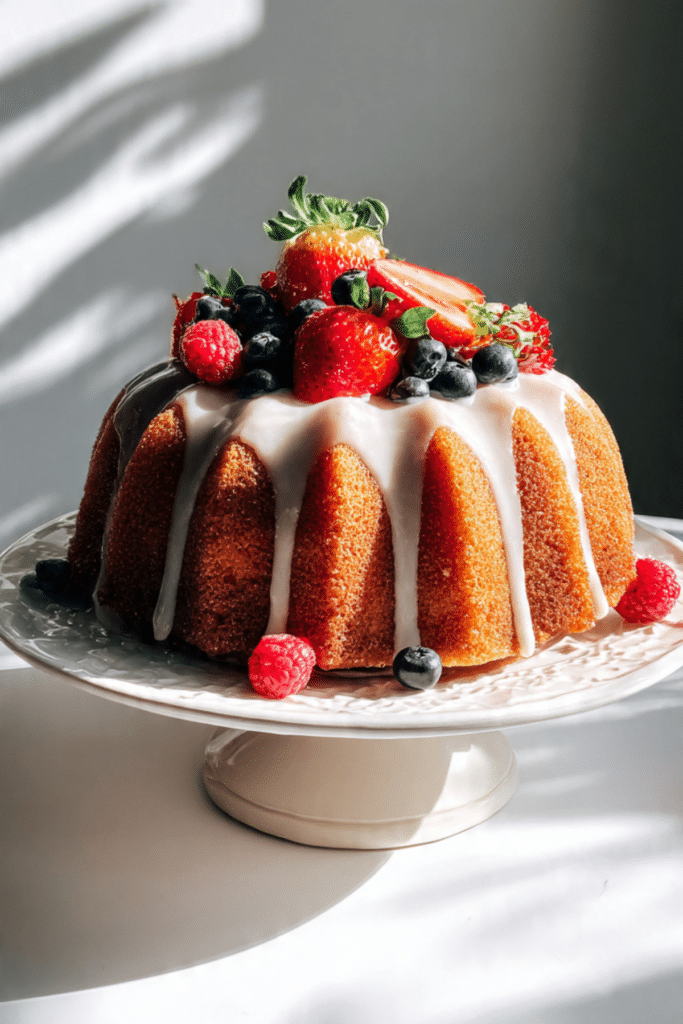 Mixed Berry Bundt Cake with Glaze & Fresh Berries
