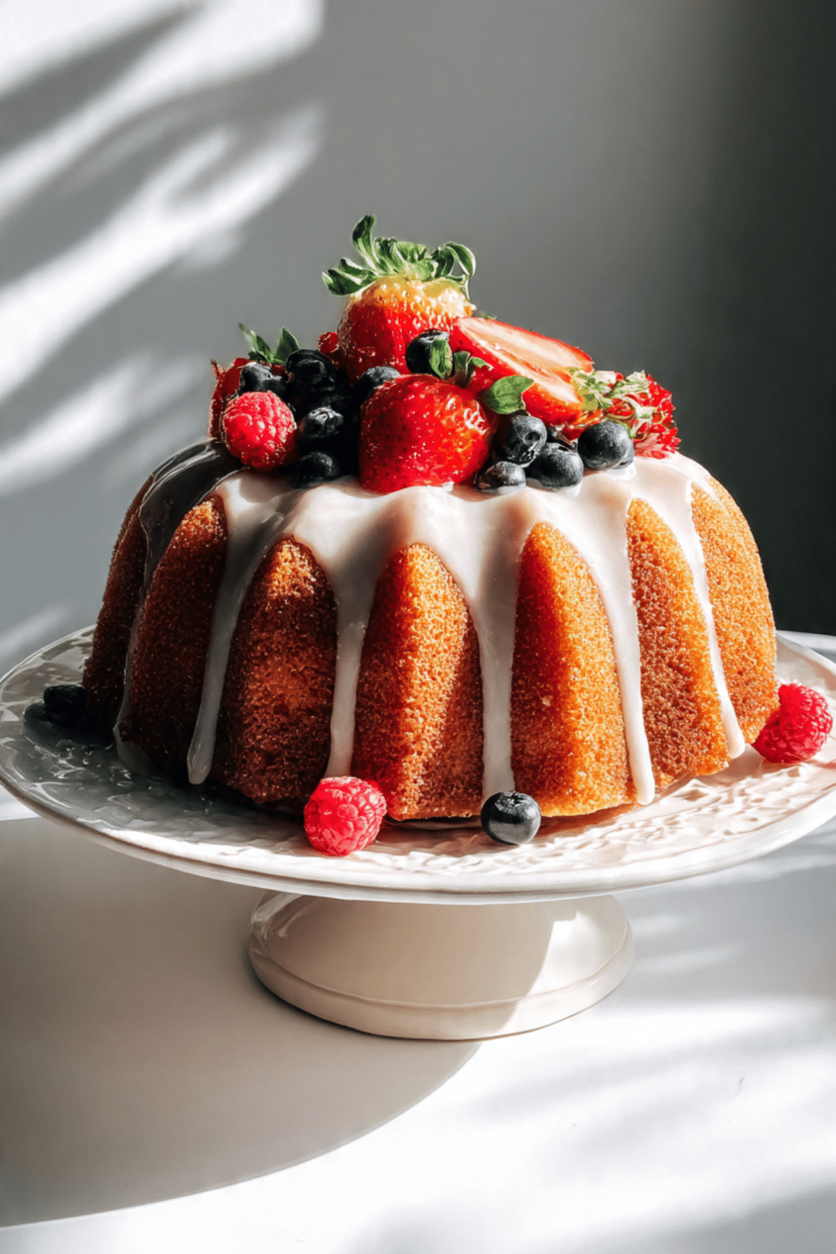 Mixed Berry Bundt Cake with Glaze & Fresh Berries