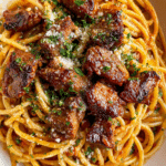 Tomato Pasta with Garlic Butter Steak Bites