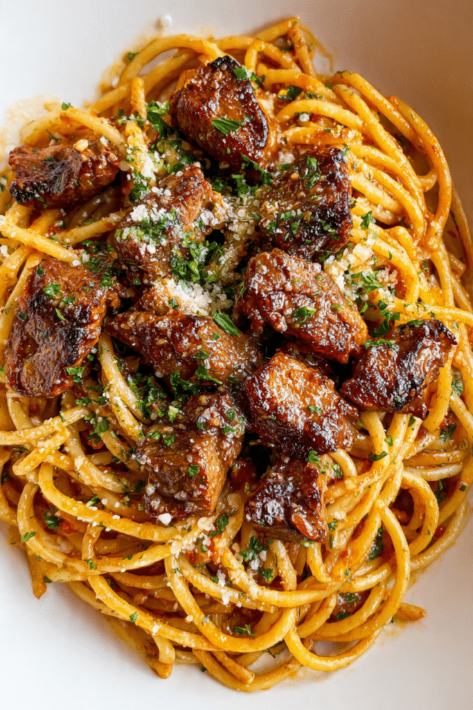Tomato Pasta with Garlic Butter Steak Bites
