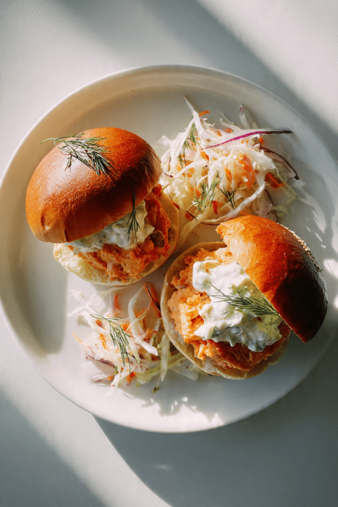 Salmon Burgers with Lemon-Caper Spread and Fennel Slaw