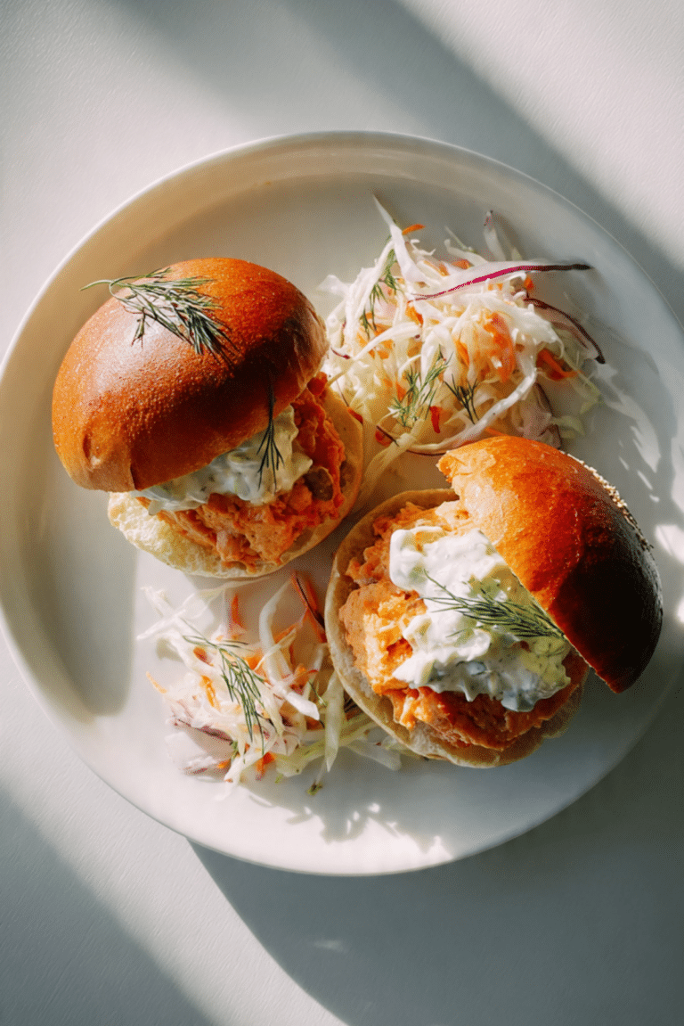 Salmon Burgers with Lemon-Caper Spread and Fennel Slaw